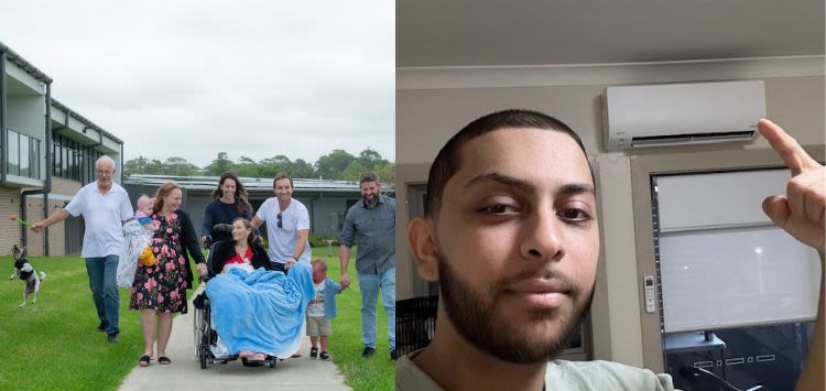 Family photo in hospital grounds; lady in a wheelchair; four middle aged adults and older man and dog.